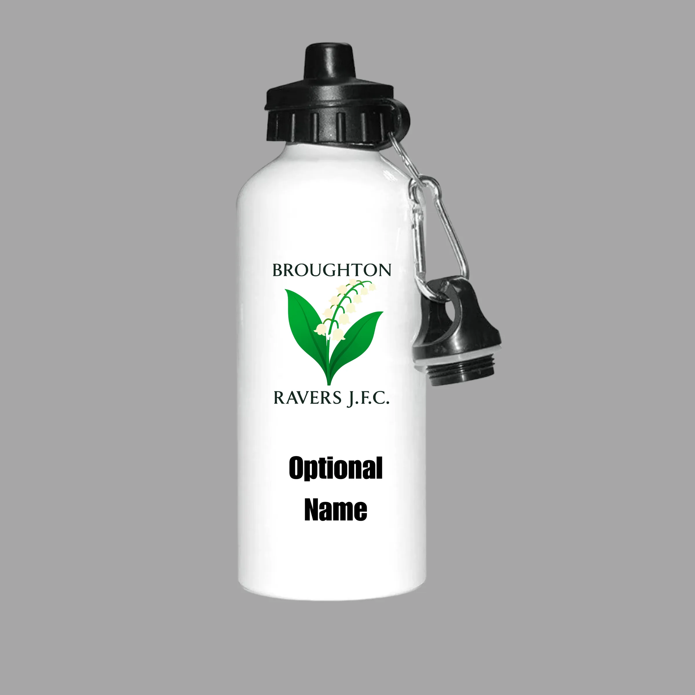 aluminium water bottle with the Broughton Ravers JFC logo printed on it with optional name space