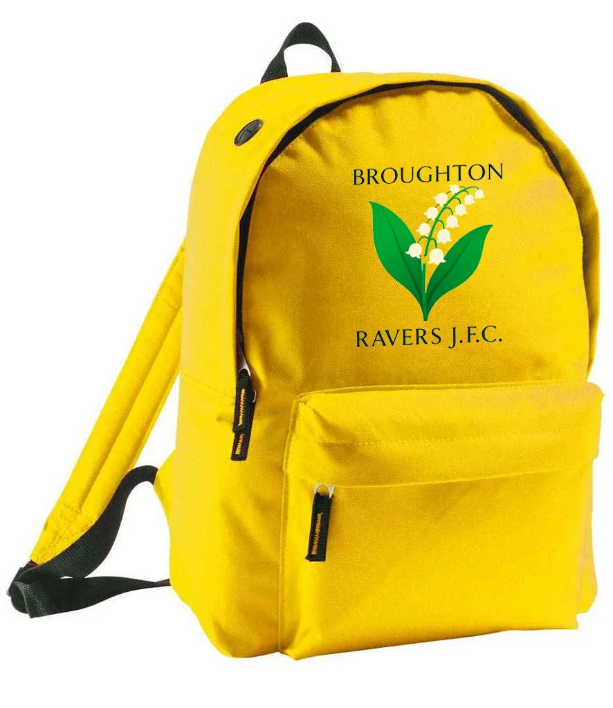 yellow backpack with Broughton ravers logo