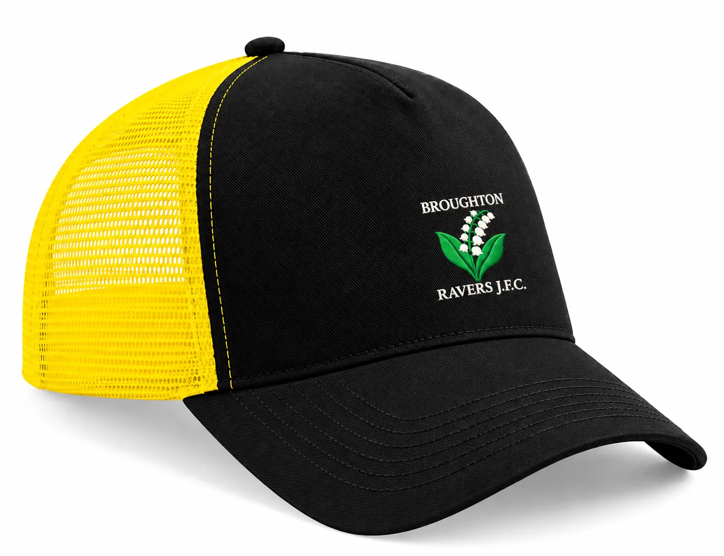 black/yellow trucker cap